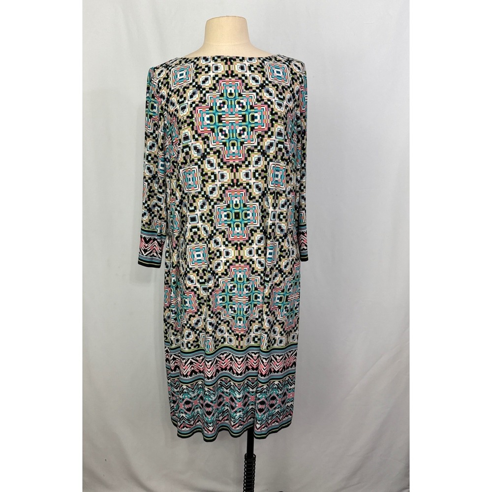 London Times Woman Geometric Mosaic Print Shift Dress Pink Teal Black 16W